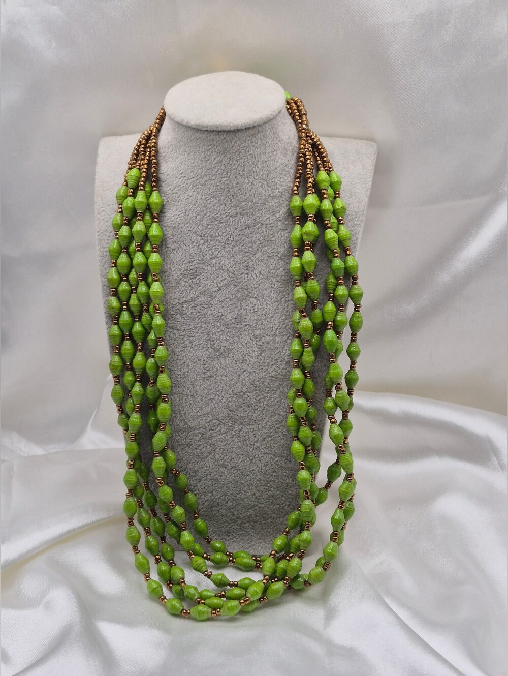 2 Neclaces Green Recycled Upcycled Paper Beads. Multi-Strand Twobfor One@@